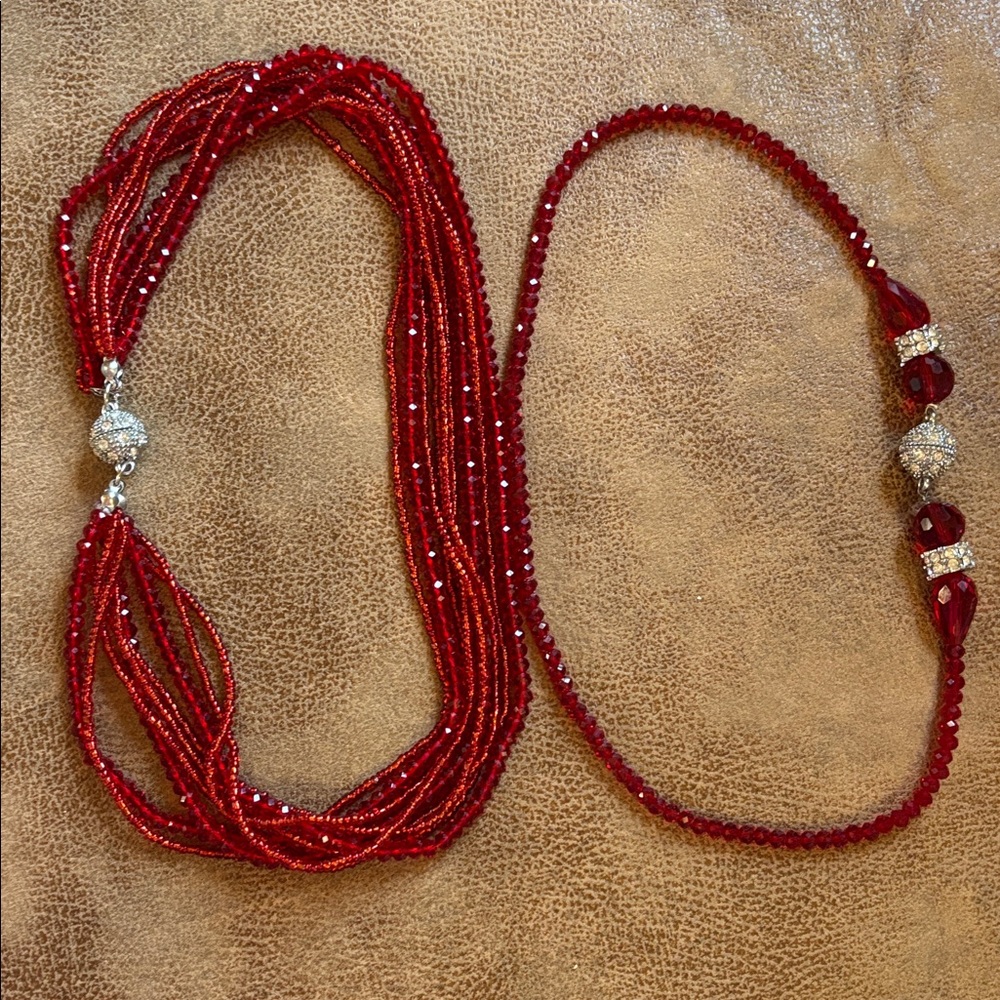 Glamorous Red Beaded Necklace Set with Silver Accents magnetic ends 2 in one